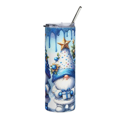 Tall tumbler with a blue and white watercolor gnome and Christmas tree design.
