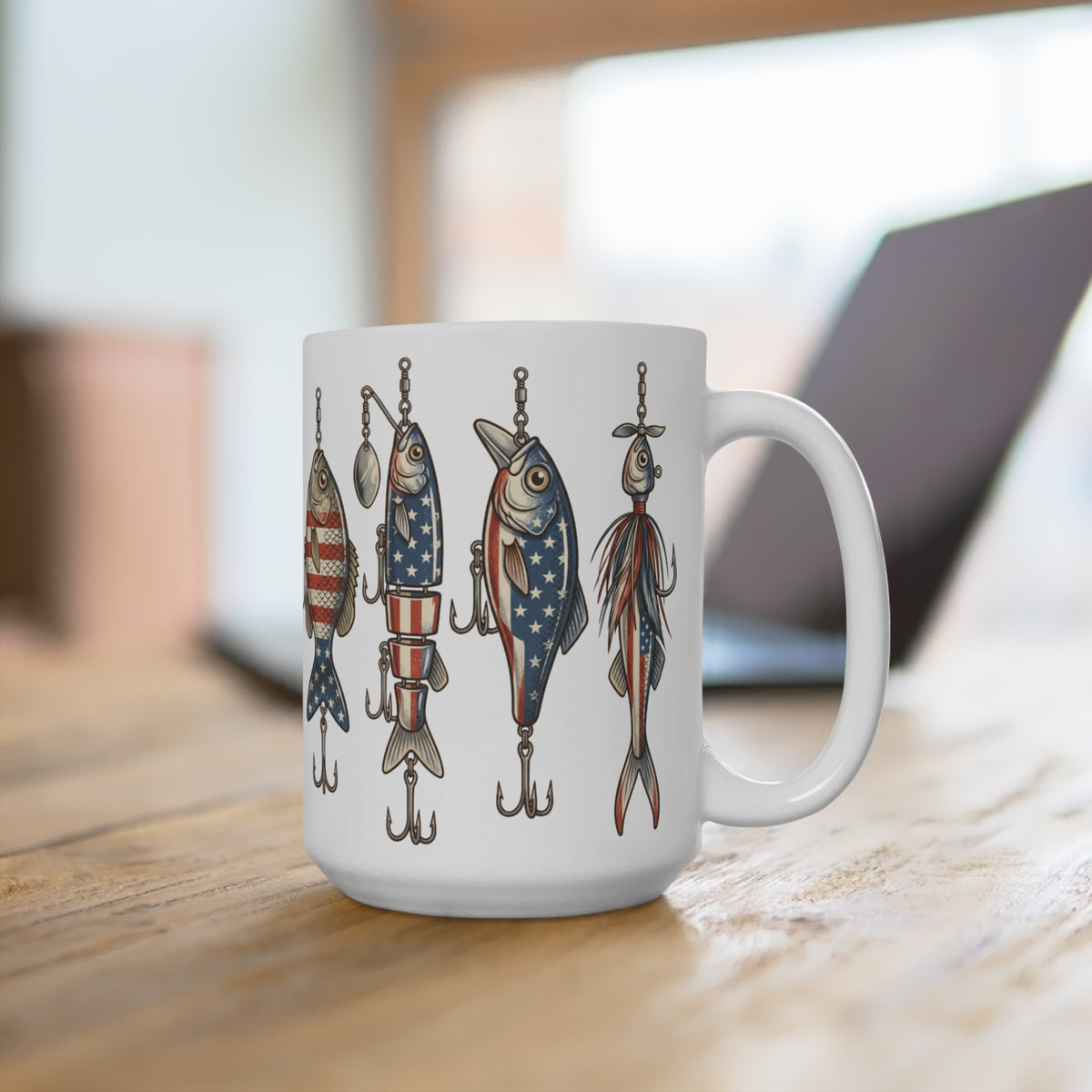 White mug with American flag-themed fishing lures as a graphic design.