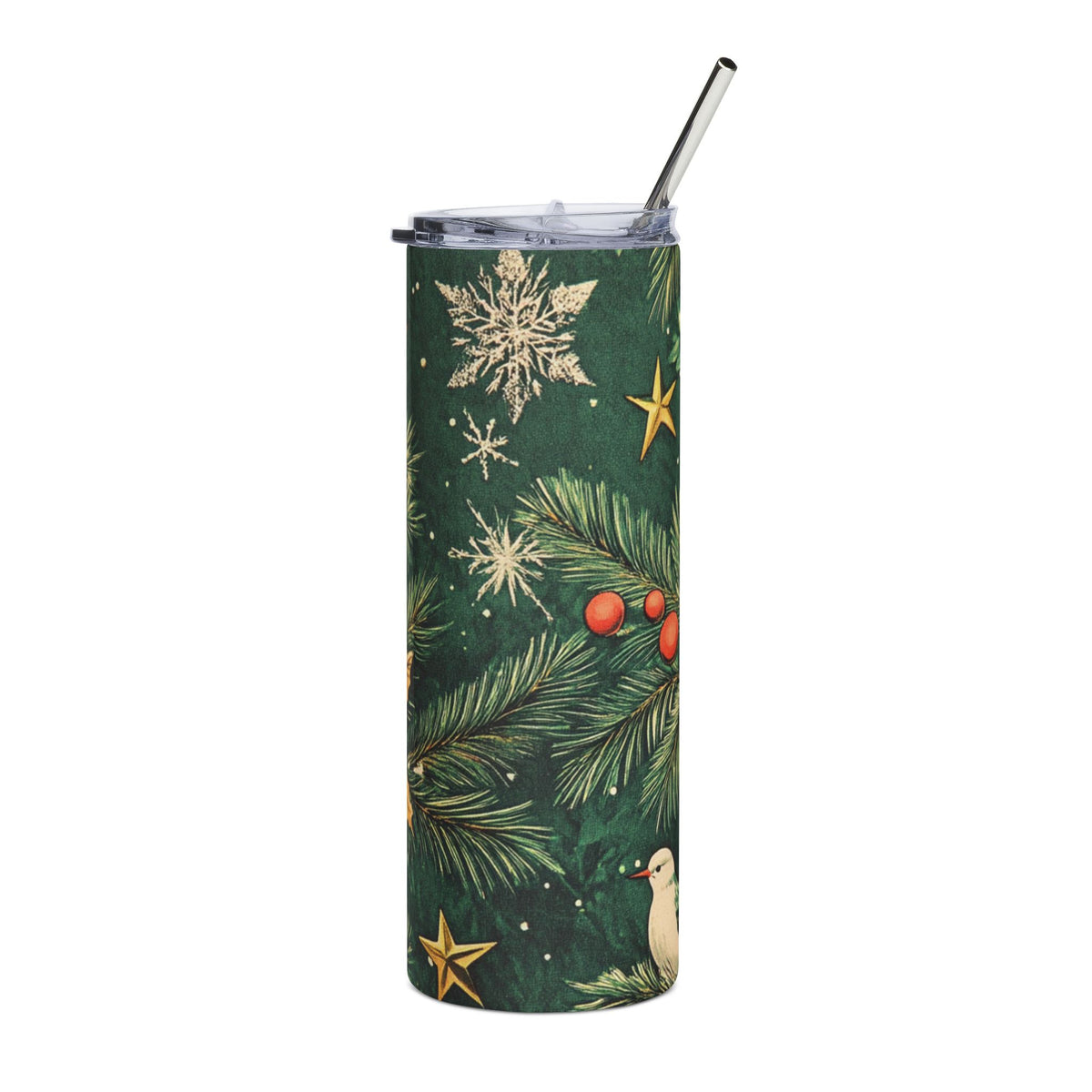 Green tumbler with pine branches, snowflakes, stars, and a bird.
