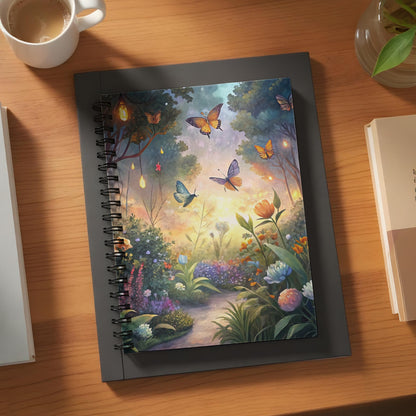 Spiral notebook with a whimsical forest scene of butterflies and glowing lanterns.
