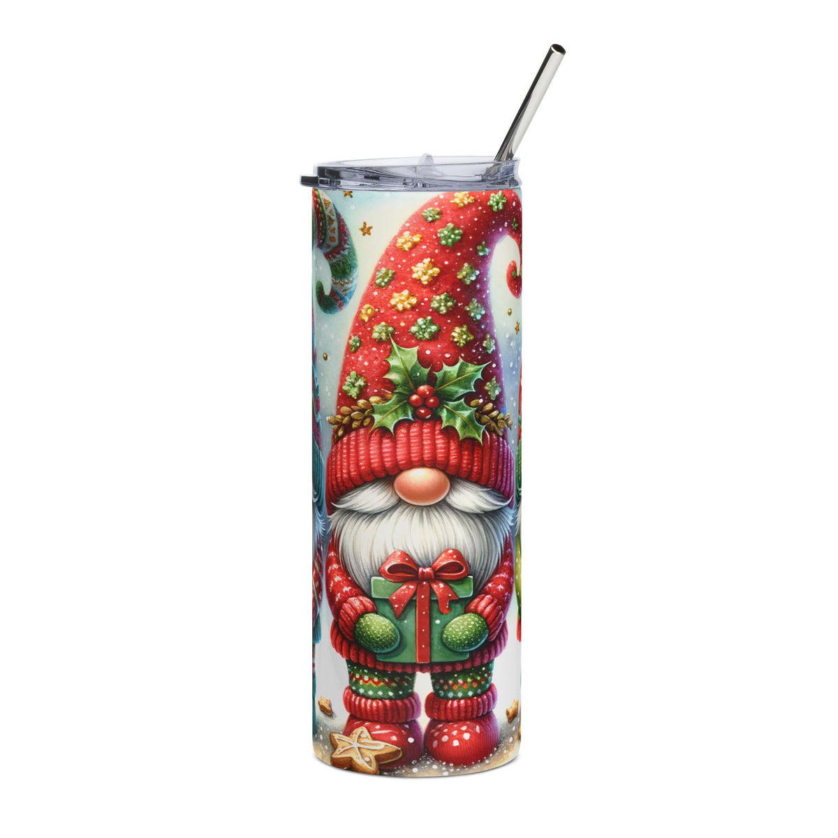 Tumbler with festive gnome holding a gift and a metal straw.