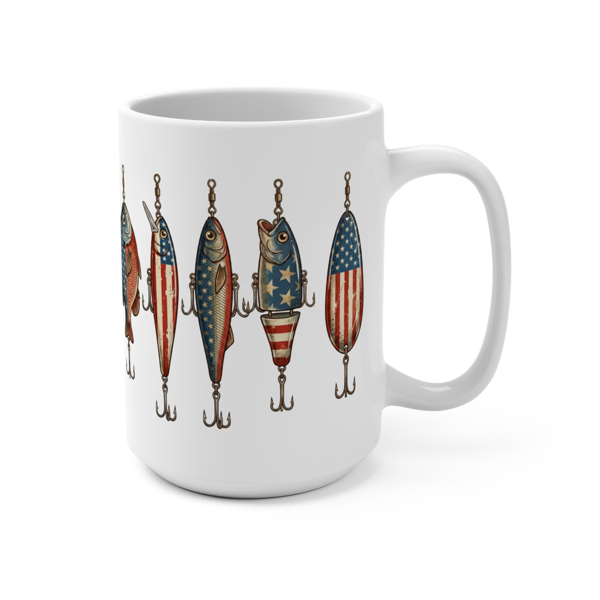 White mug with American flag-themed fishing lures art.