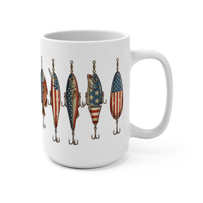 White mug with American flag-themed fishing lures art.