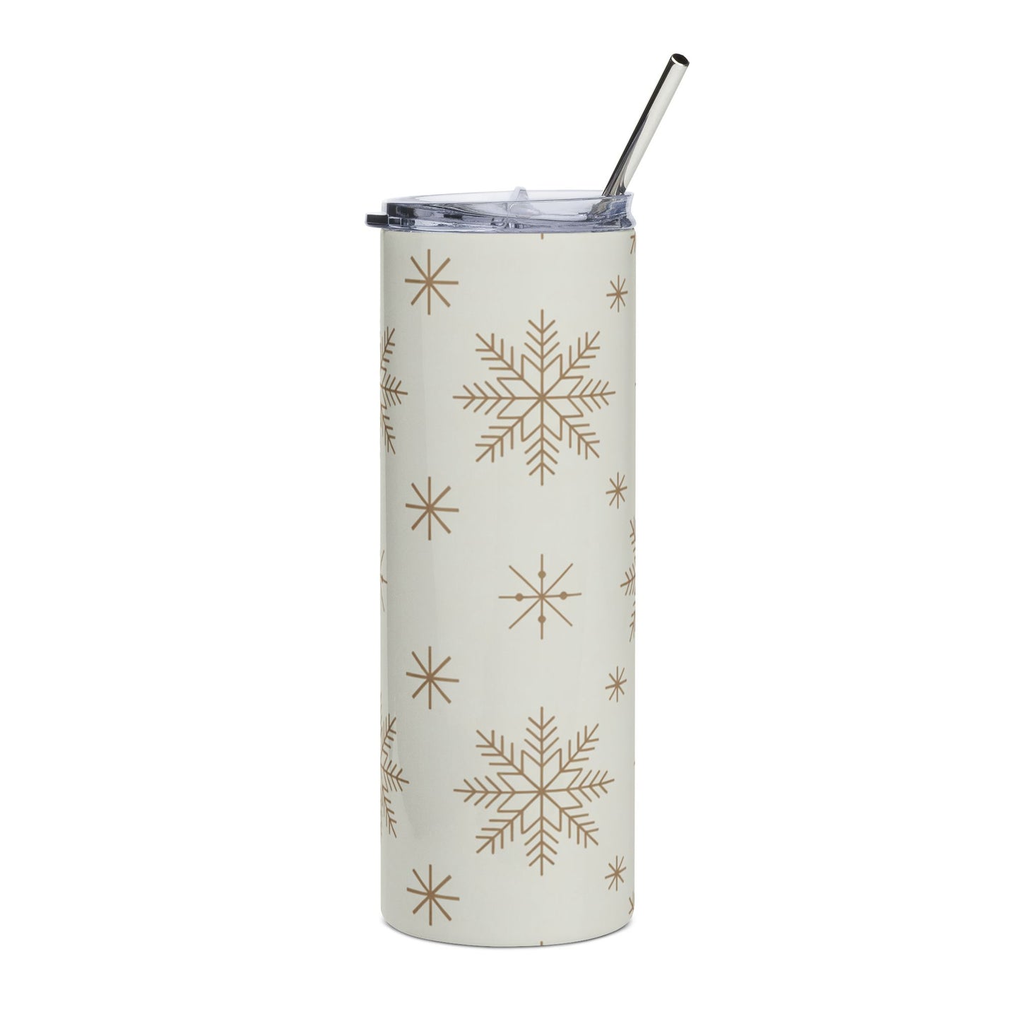 Cream tumbler with gold snowflake pattern and metal straw