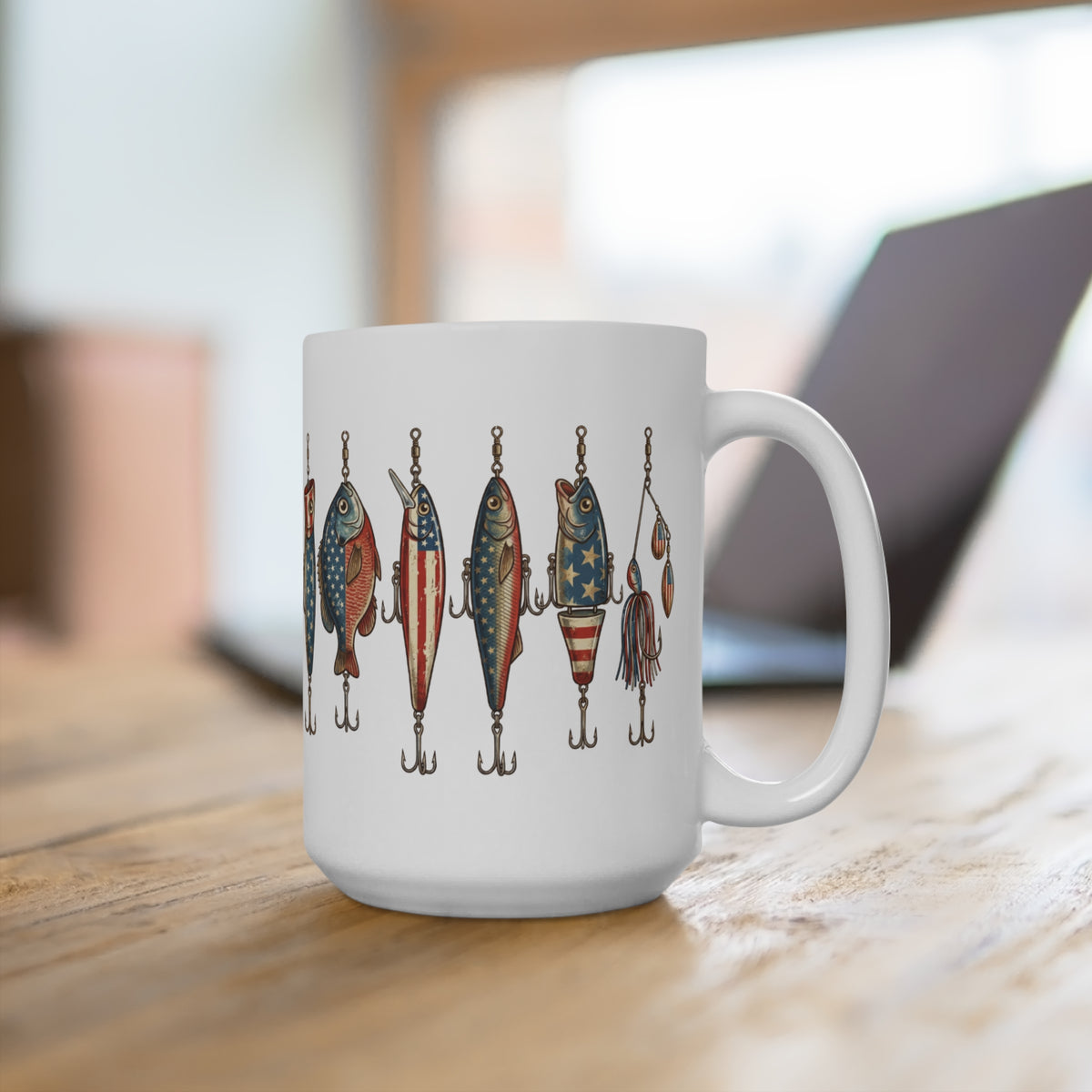 White mug with American flag fishing lures printed around it.