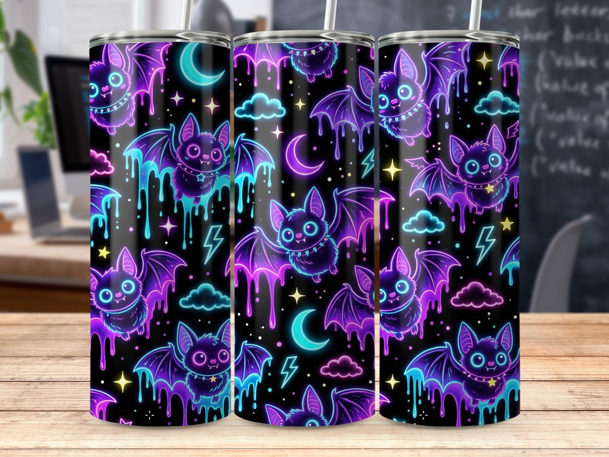 Three tumblers with a black background featuring neon bats, moons, clouds, and stars.