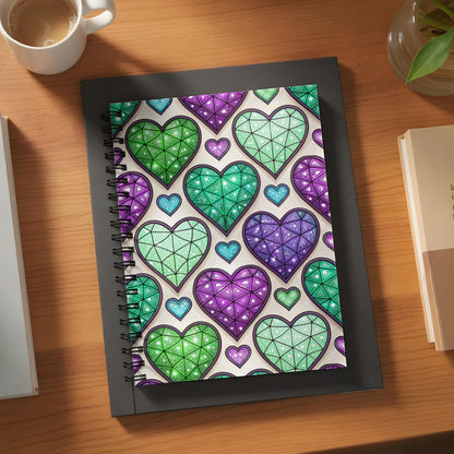Spiral notebook with a patterned cover of green, purple, and blue mosaic hearts.