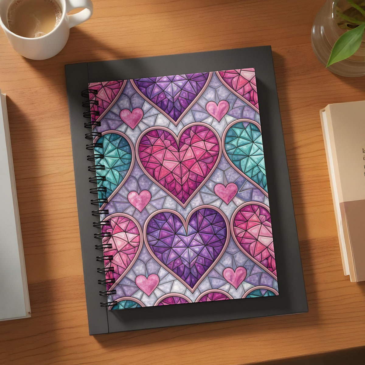Spiral-bound notebook with a stained-glass heart pattern in pink, purple, and teal.