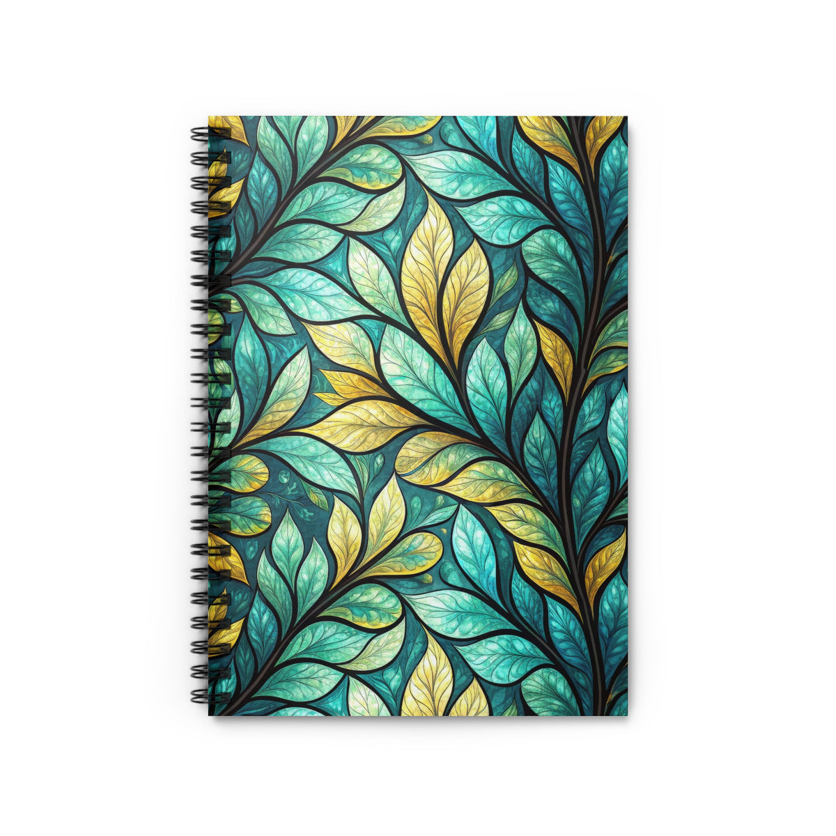 Spiral-bound notebook with a repeating pattern of teal and gold stylized leaves.