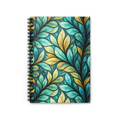 Spiral-bound notebook with a repeating pattern of teal and gold stylized leaves.