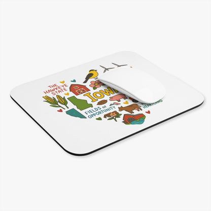 Iowa map art mousepad with barn, corn, pigs, cows, and text "The Hawkeye State".