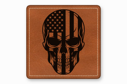 Brown leather square patch featuring a black laser-engraved human skull with an American flag pattern.