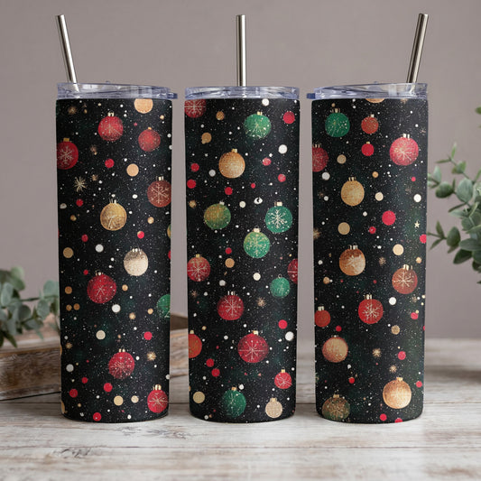Three tumblers with a black background featuring a scattered pattern of Christmas ornaments and dots.