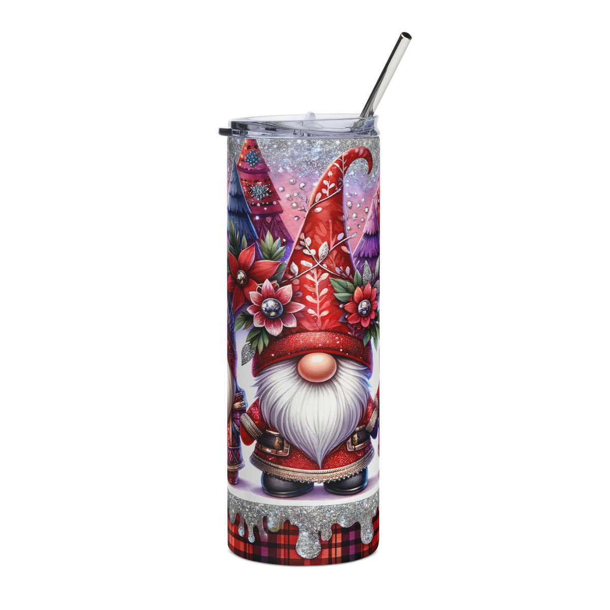 Tall tumbler with a gnome and festive trees design, silver glitter accents, and metal straw.