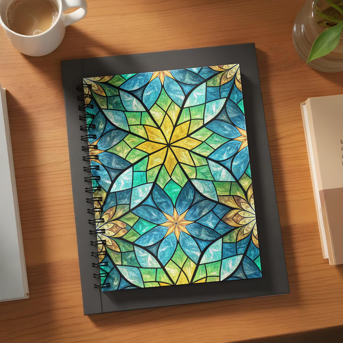 Notebook with a stained glass flower pattern in blue, green, and yellow.