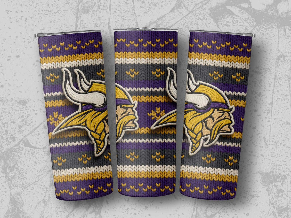 Three tumblers with purple, gold, white, and gray knit pattern featuring the Vikings logo.