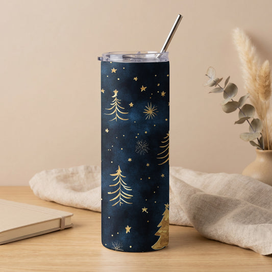 Tumbler with dark blue background and gold Christmas trees and stars pattern.