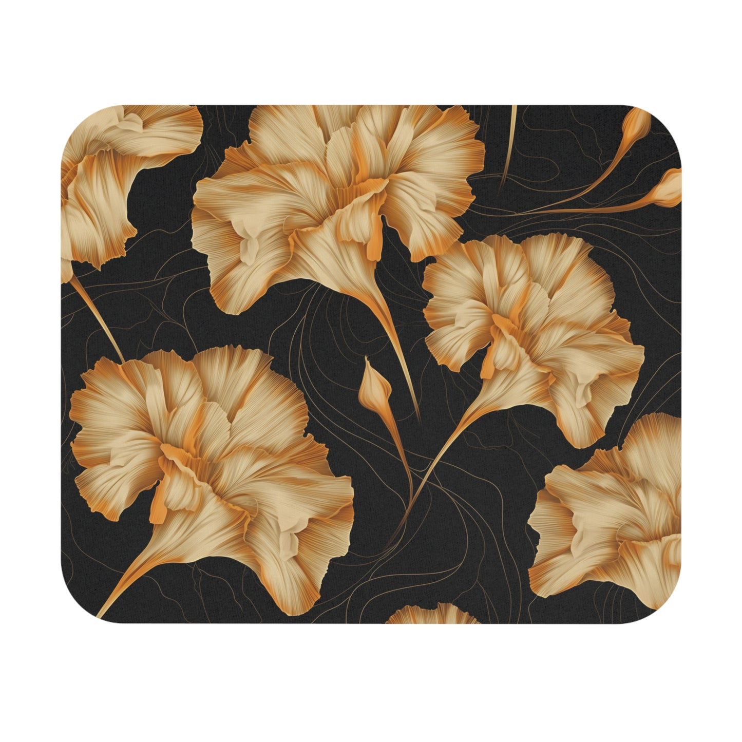 Golden gingko leaves pattern on dark textured background with thin gold lines.