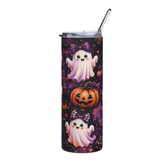 Tumbler with Halloween ghosts, pumpkins, bats, and spiderwebs.