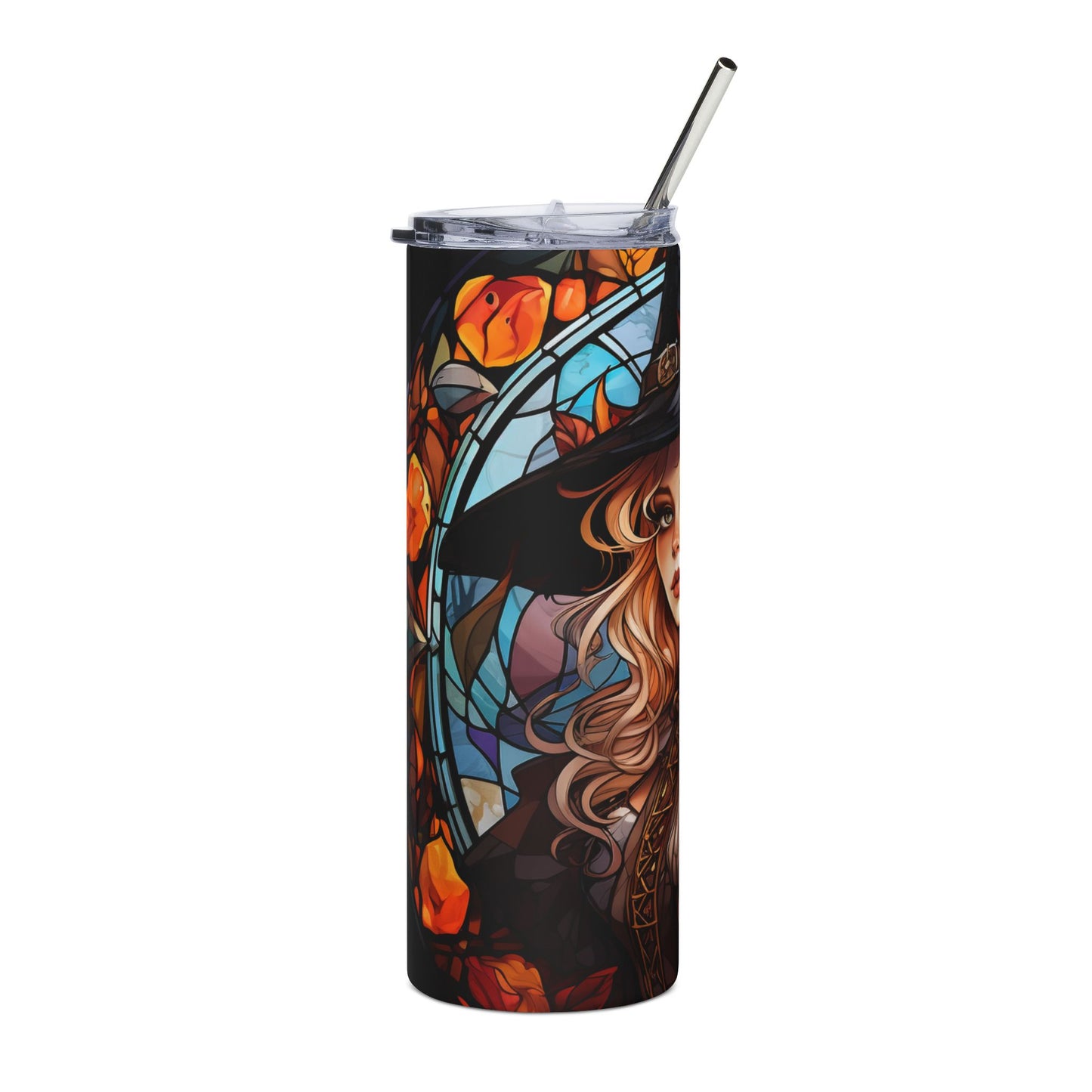 Tumbler with witch art, stained glass, and orange leaves, stainless steel straw.