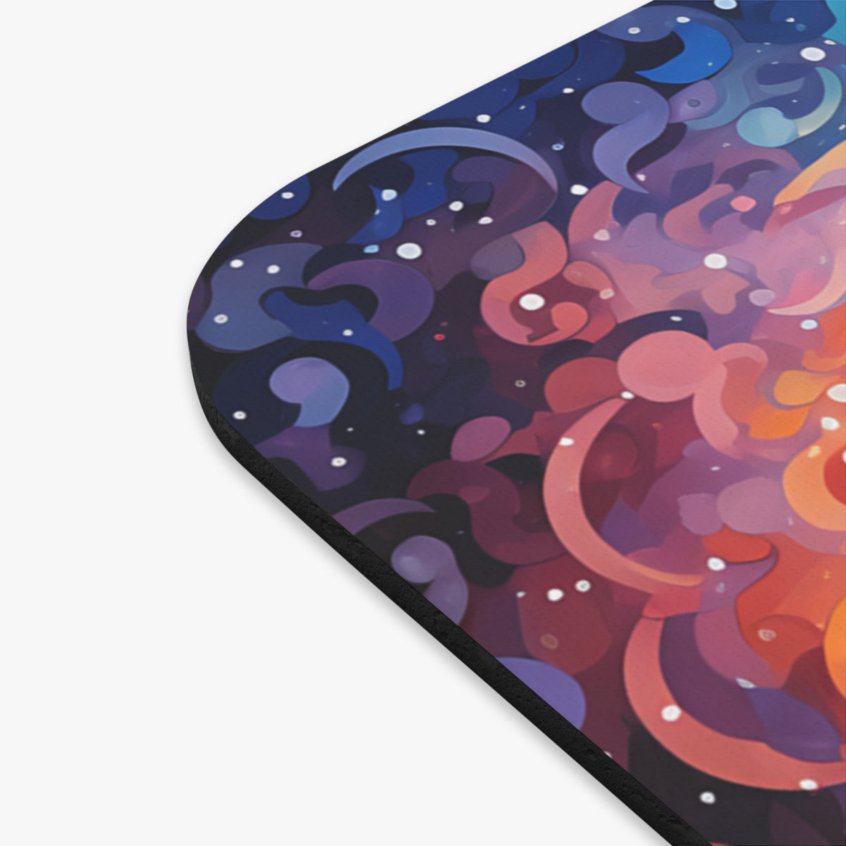 Abstract swirling pattern in purple, pink, orange, and blue tones with white dots.