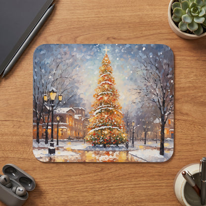 Christmas tree in a snowy town square with streetlights and buildings.