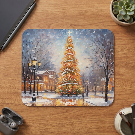 Christmas tree in a snowy town square with streetlights and buildings.