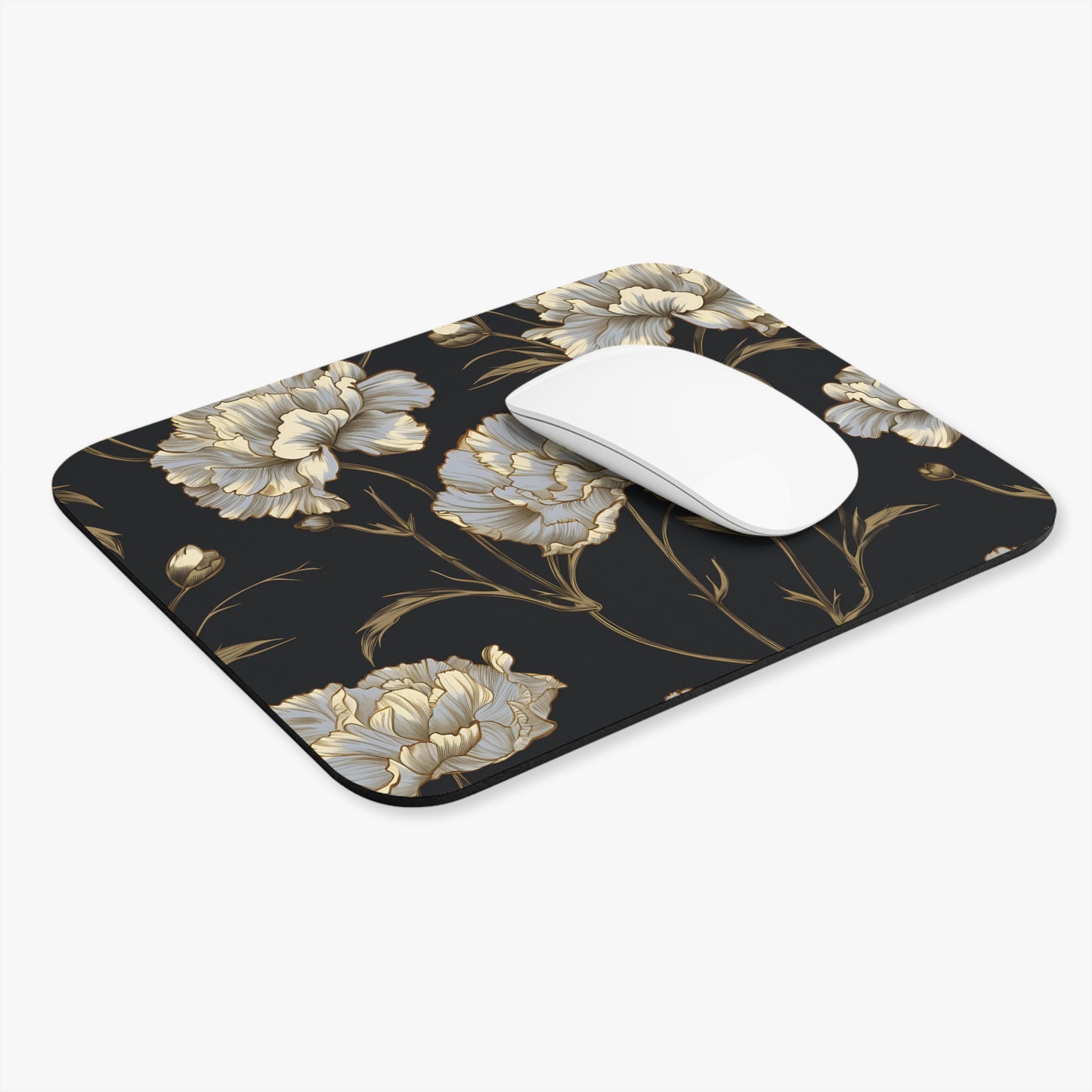 Mousepad with dark background and large white and gold floral pattern.