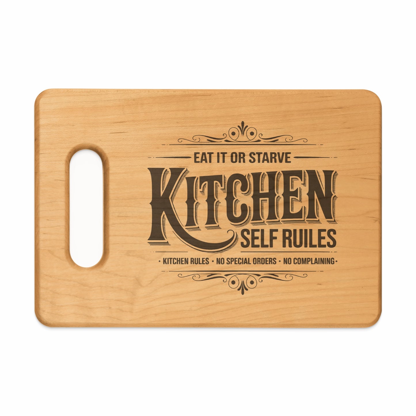 Light wood cutting board with "Kitchen Self Rules" and kitchen rules text.