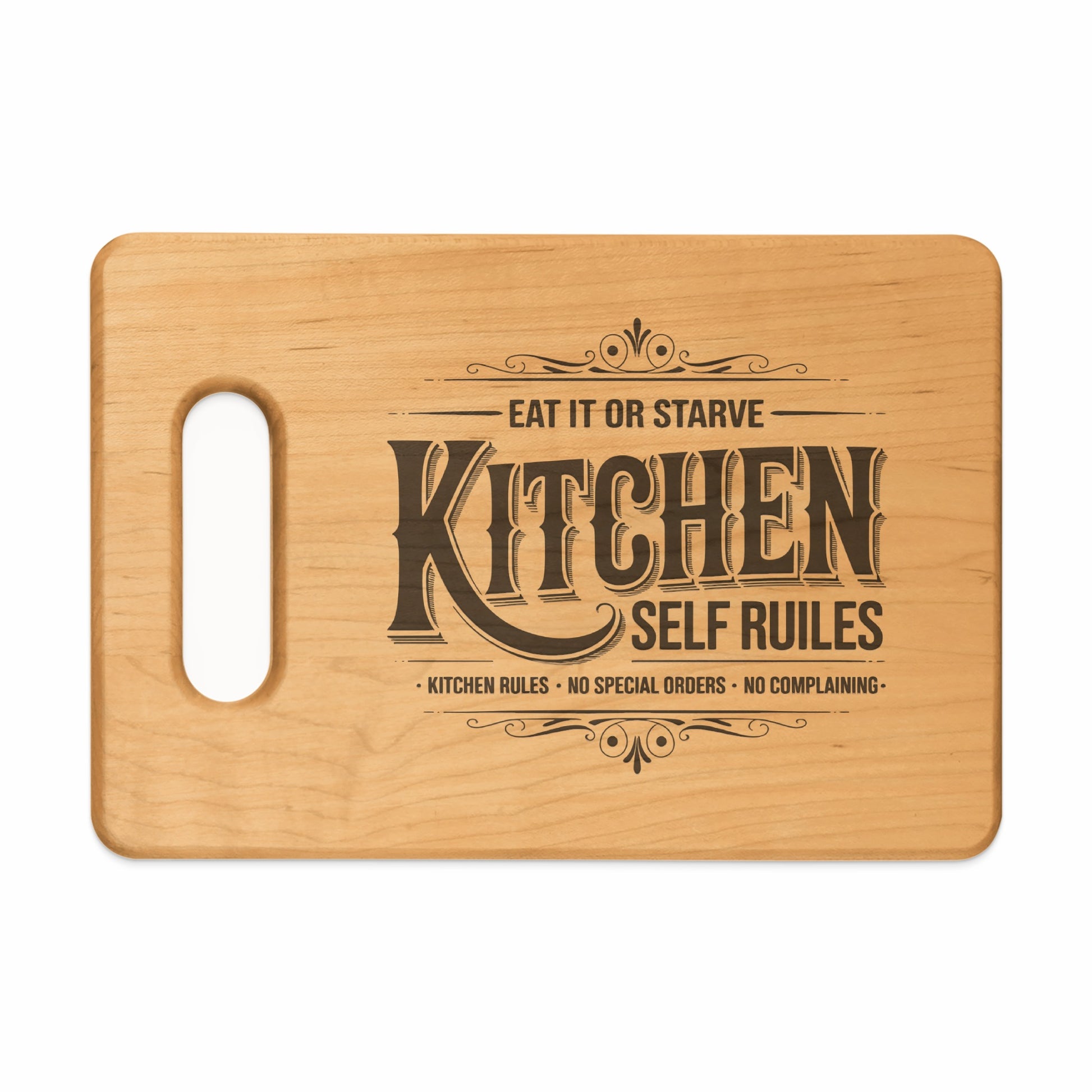 Light wood cutting board with "Kitchen Self Rules" and kitchen rules text.