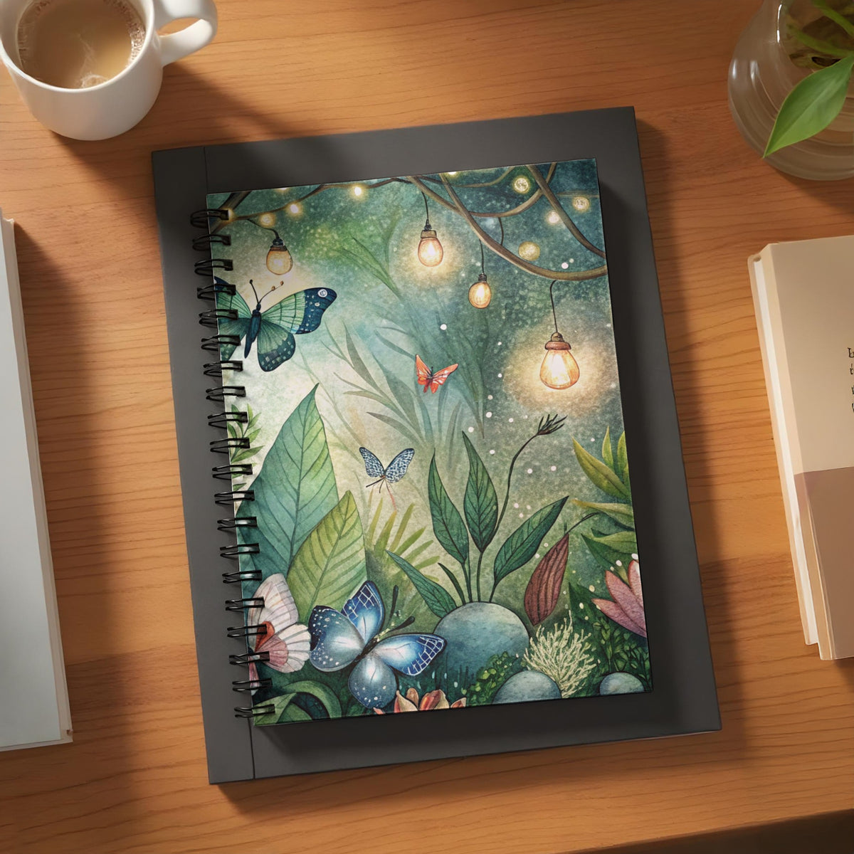 Spiral notebook with a watercolor butterfly and fairy light garden design.