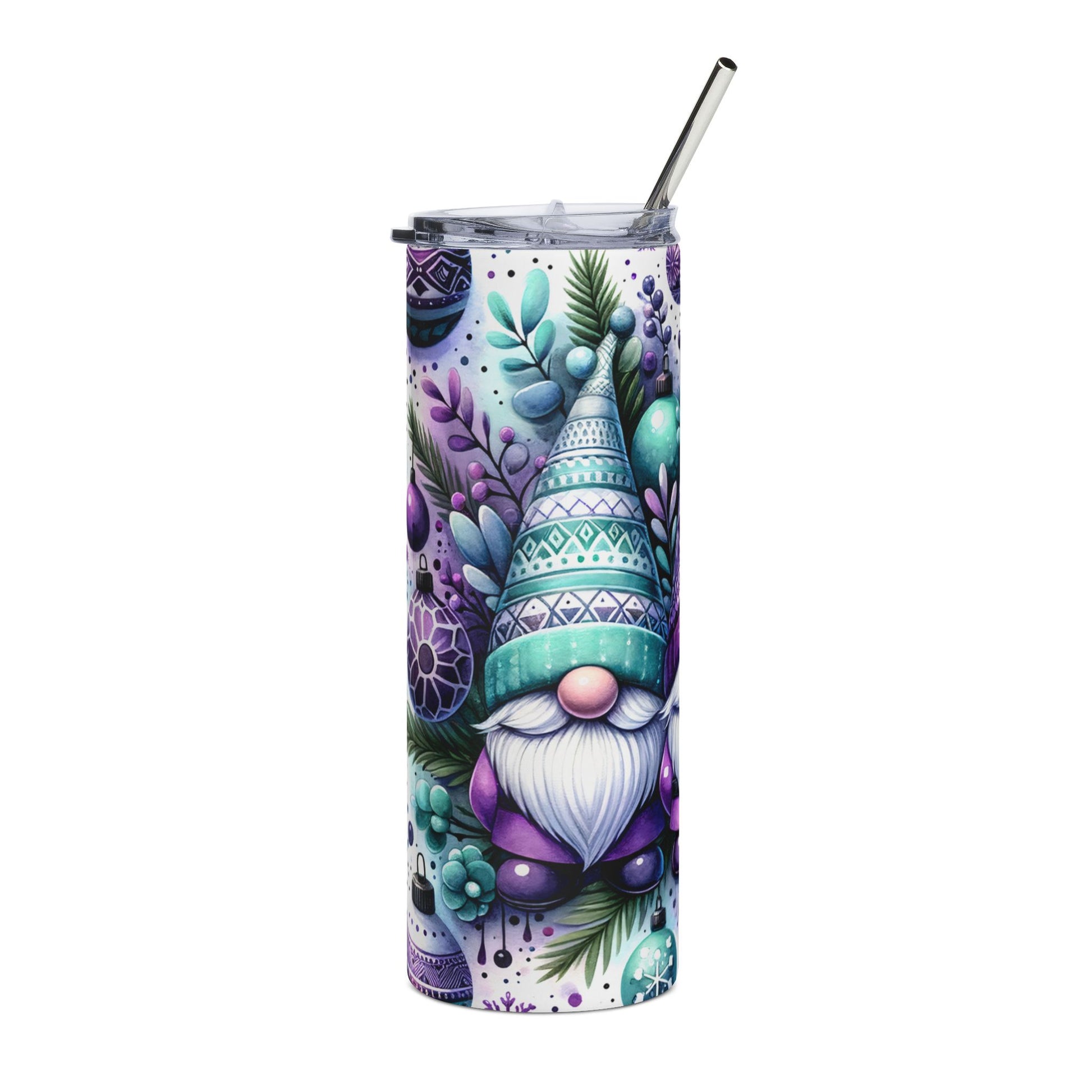 Tumbler with gnome, ornaments, and floral patterns.