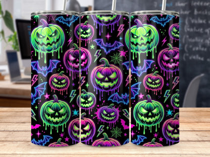 Neon Halloween pumpkins, bats, and lightning bolts pattern on black.