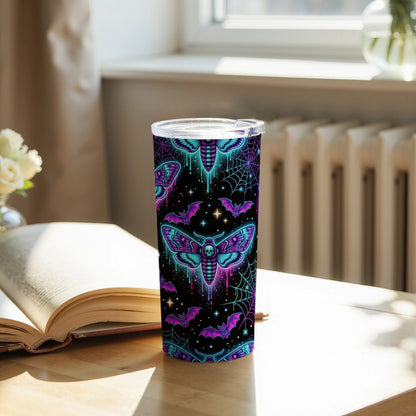 Tumbler with a dark background featuring neon moths, bats, and spiderwebs.