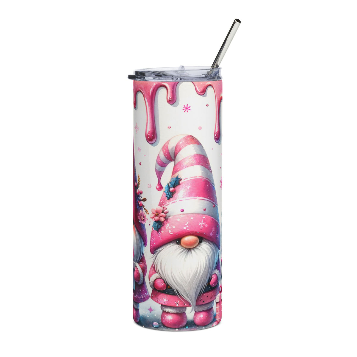 Tumbler with pink dripping glaze and gnome pattern, includes straw.