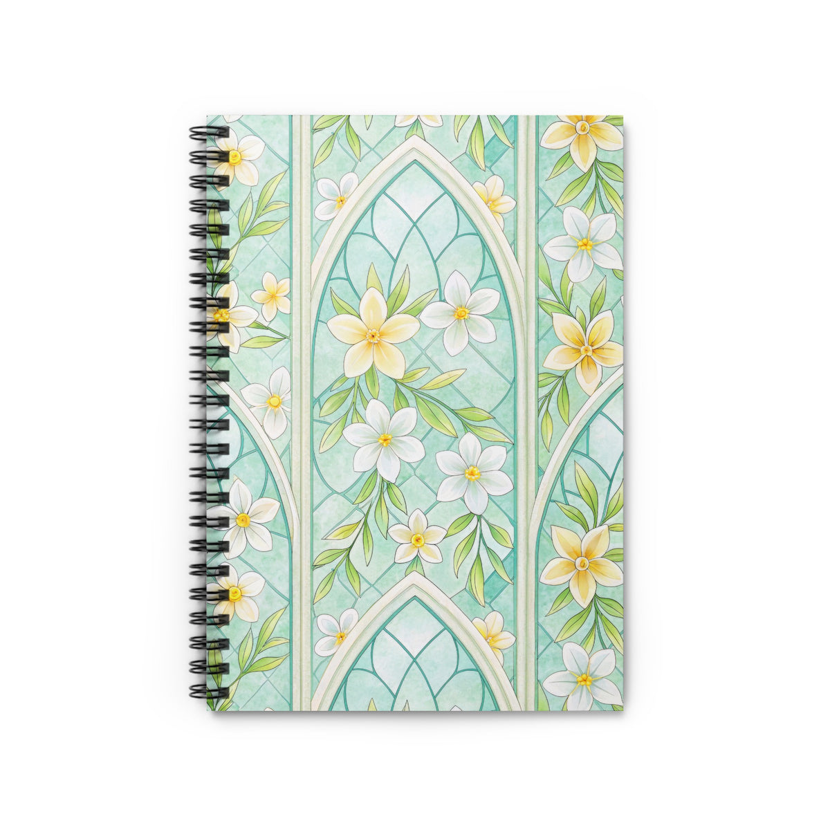 Spiral bound notebook with white and yellow floral stained glass pattern.