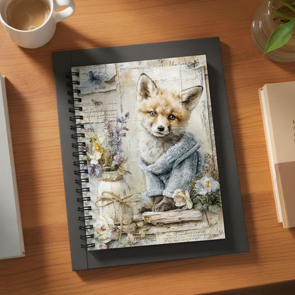 Spiral bound notebook with a watercolor illustration of a fox in a blue sweater.