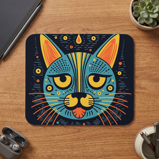 A rectangular mousepad featuring a vibrant, stylized cat illustration with geometric patterns on a wooden desk.
