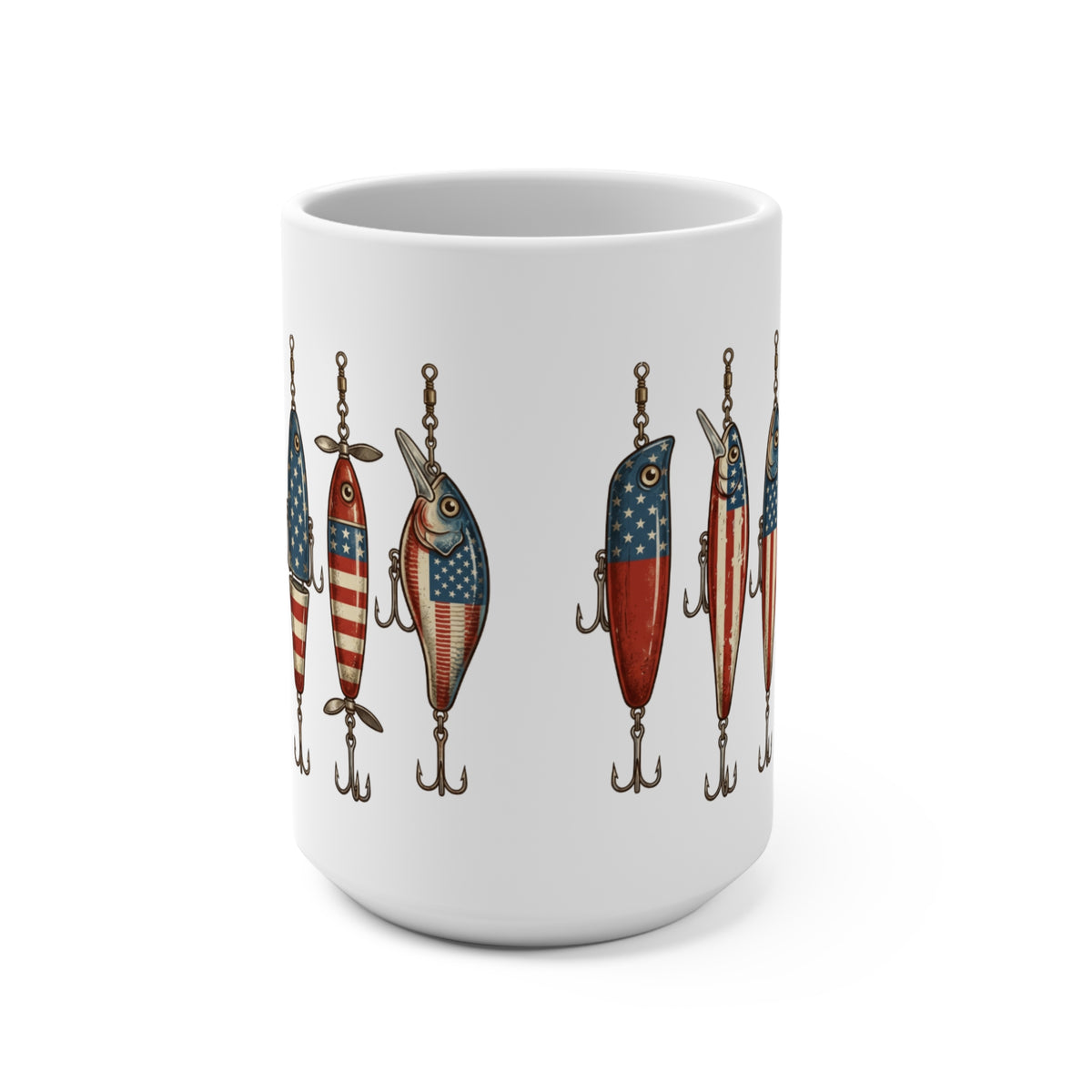White mug with repeating pattern of American flag fishing lures.