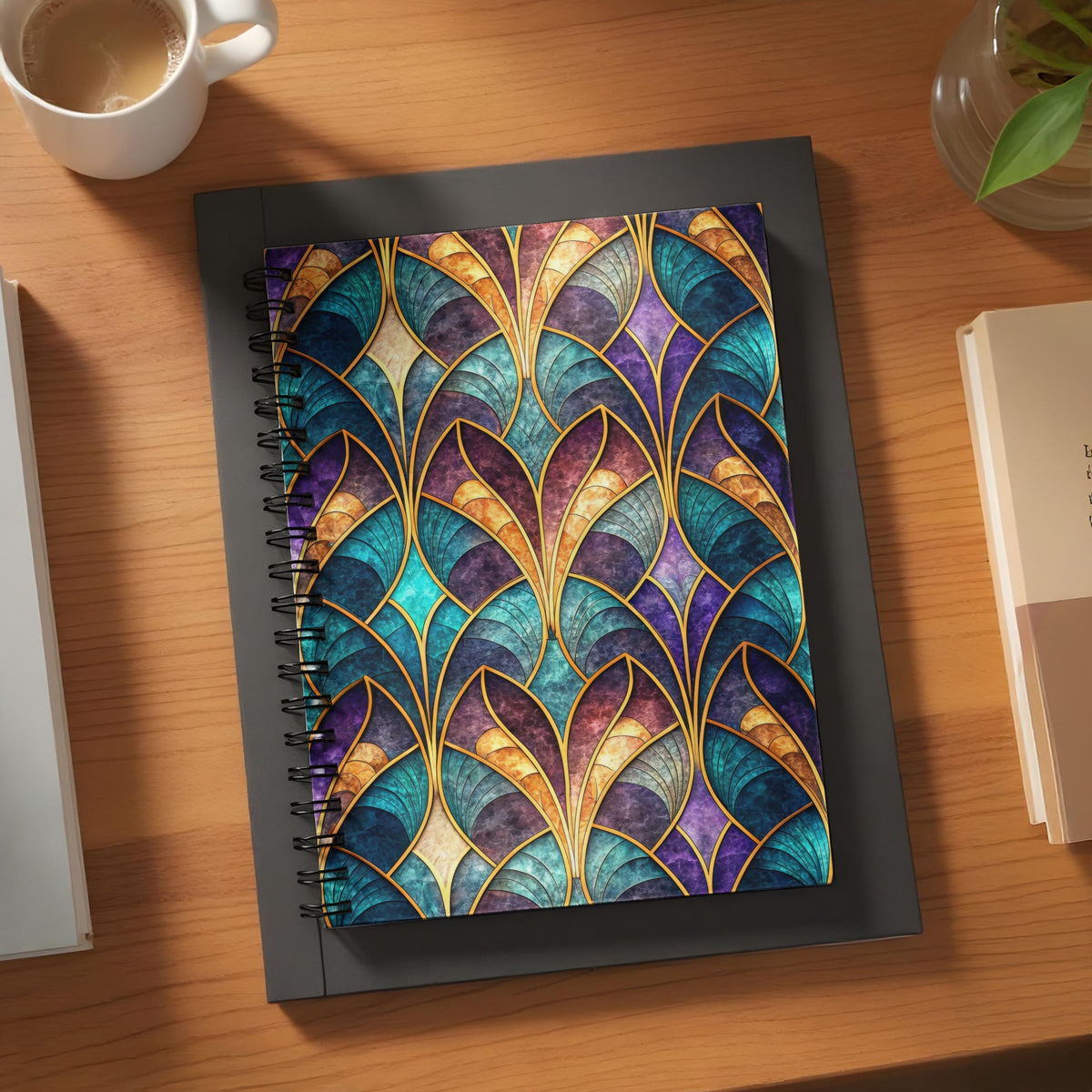 Notebook with a stained glass pattern in teal, purple, and gold.