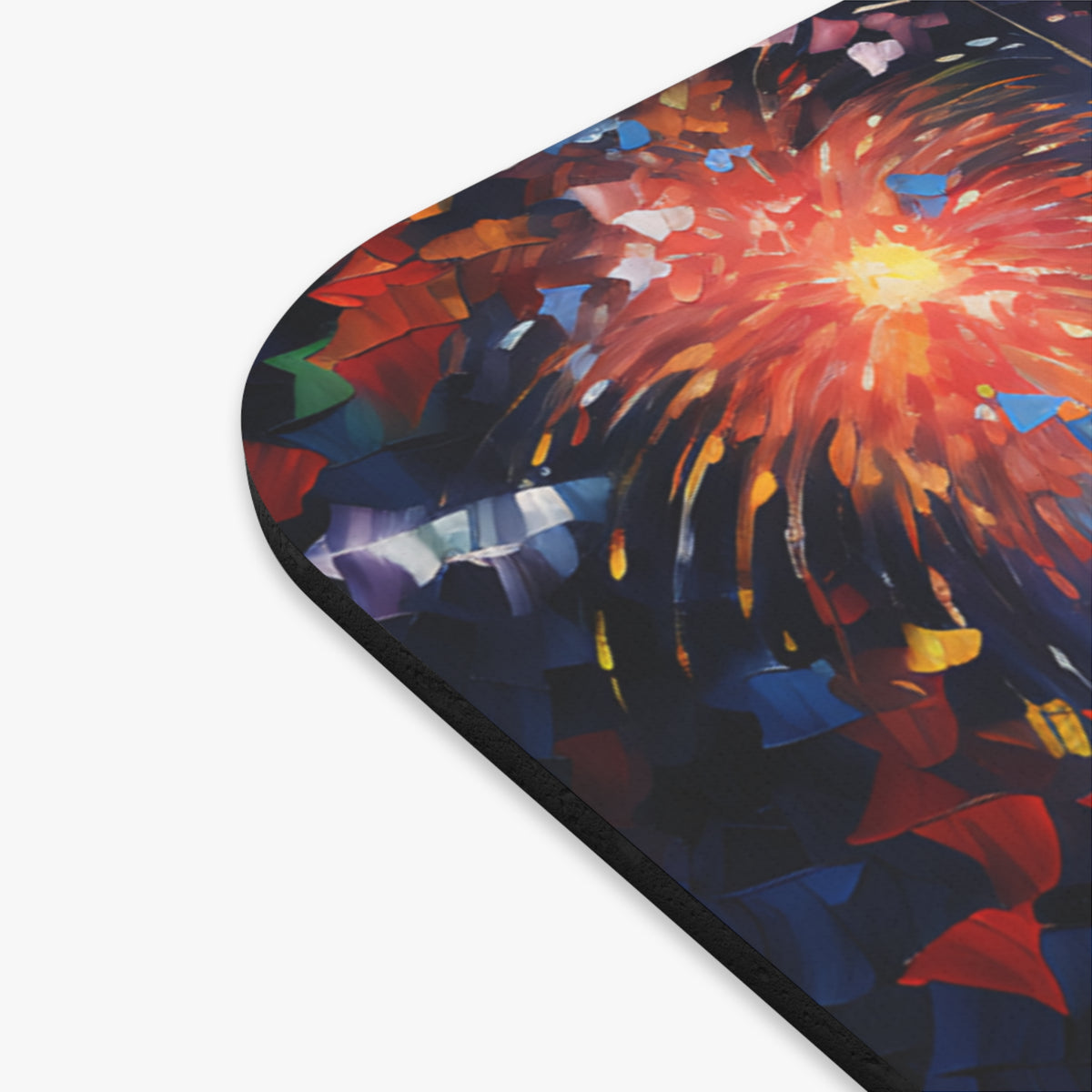 Abstract oil painting of fireworks in vibrant red, orange, blue, and green colors.