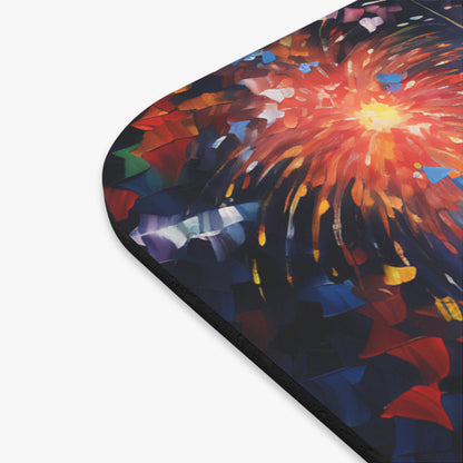 Abstract oil painting of fireworks in vibrant red, orange, blue, and green colors.