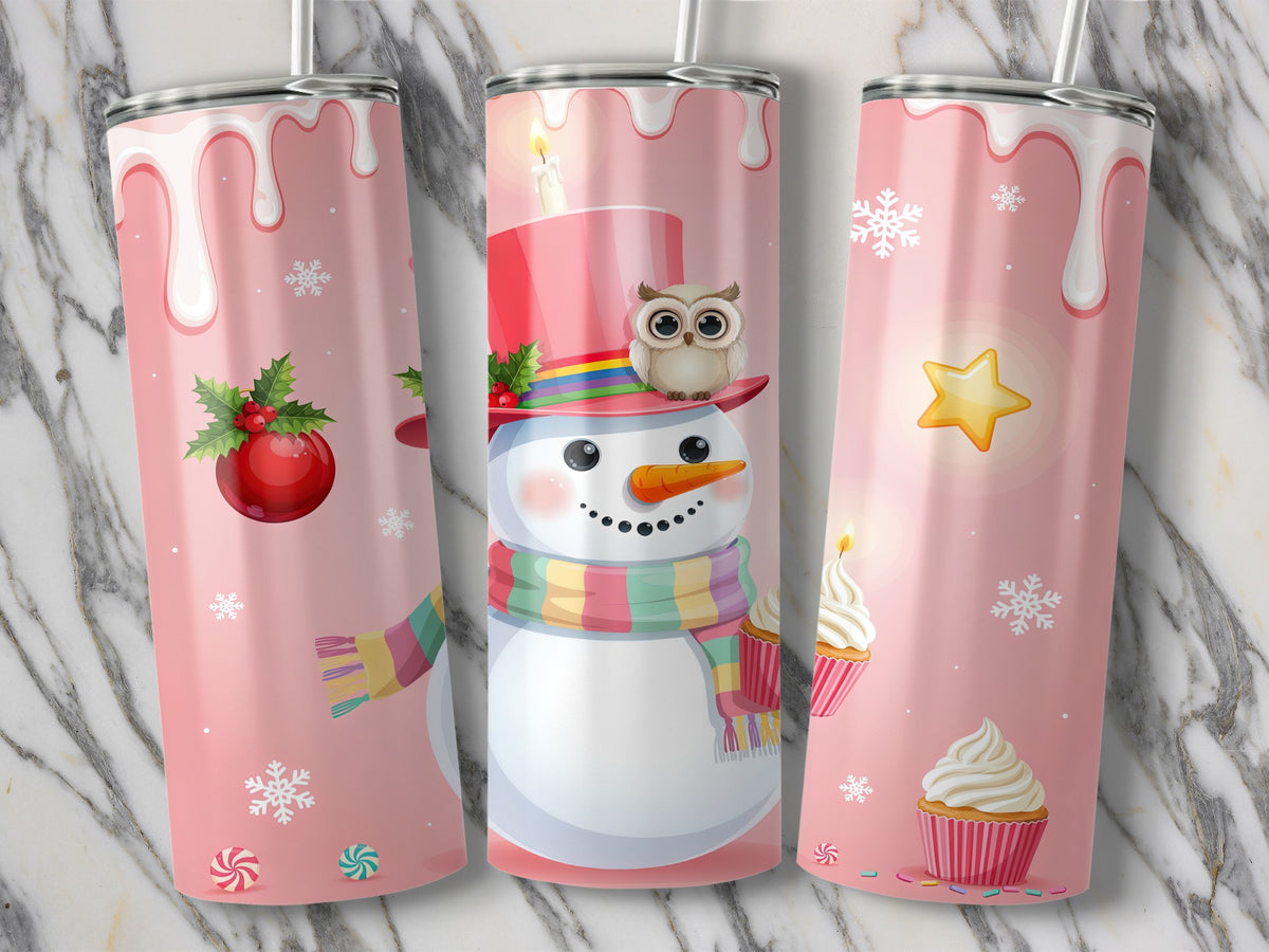 Three tumblers with a pink background and dripping white icing design.
