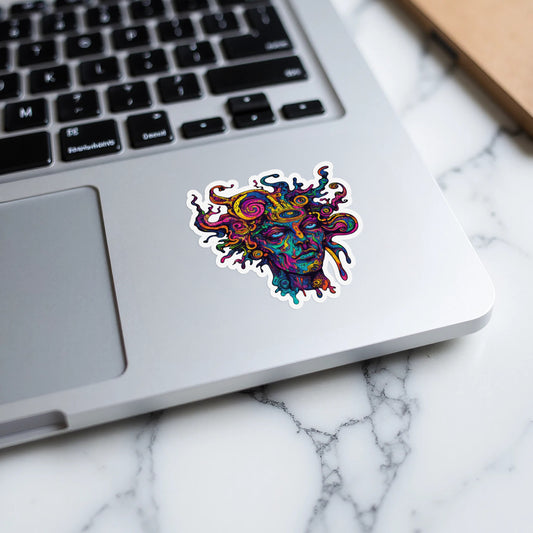 Colorful, abstract psychedelic face sticker with swirling patterns and blue eyes.