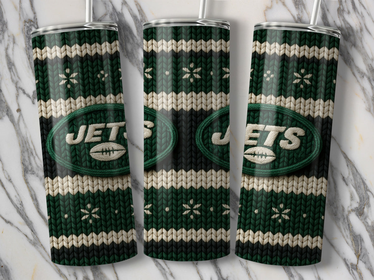New York Jets tumbler with green, white, and black knit pattern and snowflake details.