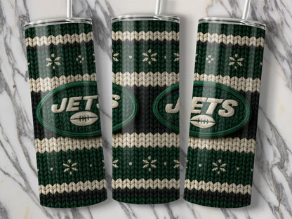 New York Jets tumbler with green, white, and black knit pattern and snowflake details.
