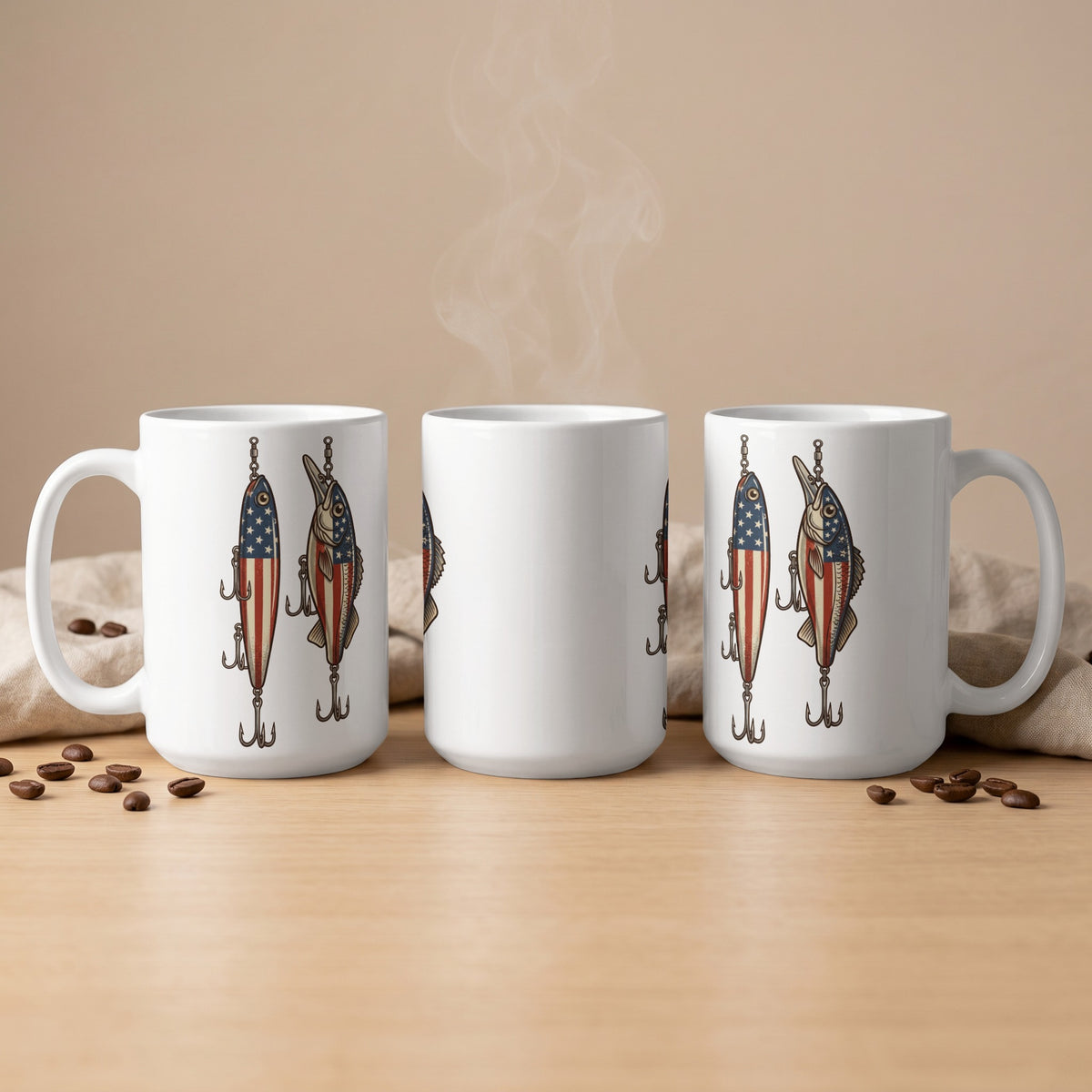 White mugs with American flag fishing lure designs and steam rising.