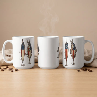 White mugs with American flag fishing lure designs and steam rising.