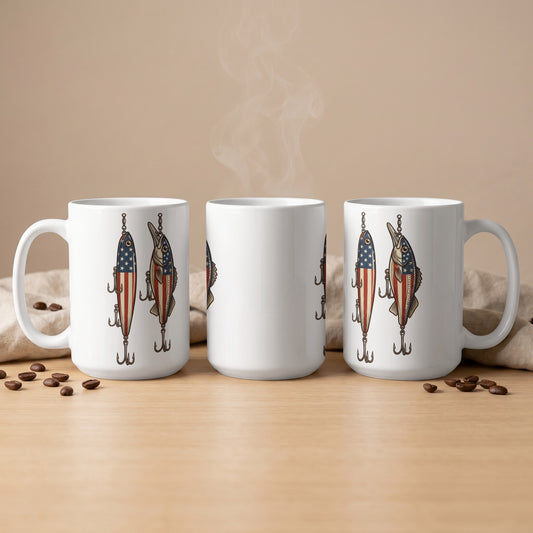 White mugs with American flag fishing lure designs and steam rising.