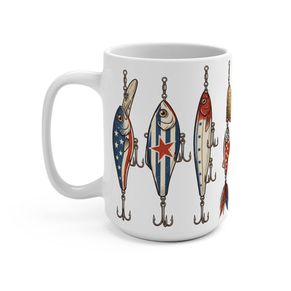 White mug with illustrations of patriotic fishing lures hanging vertically on chains.